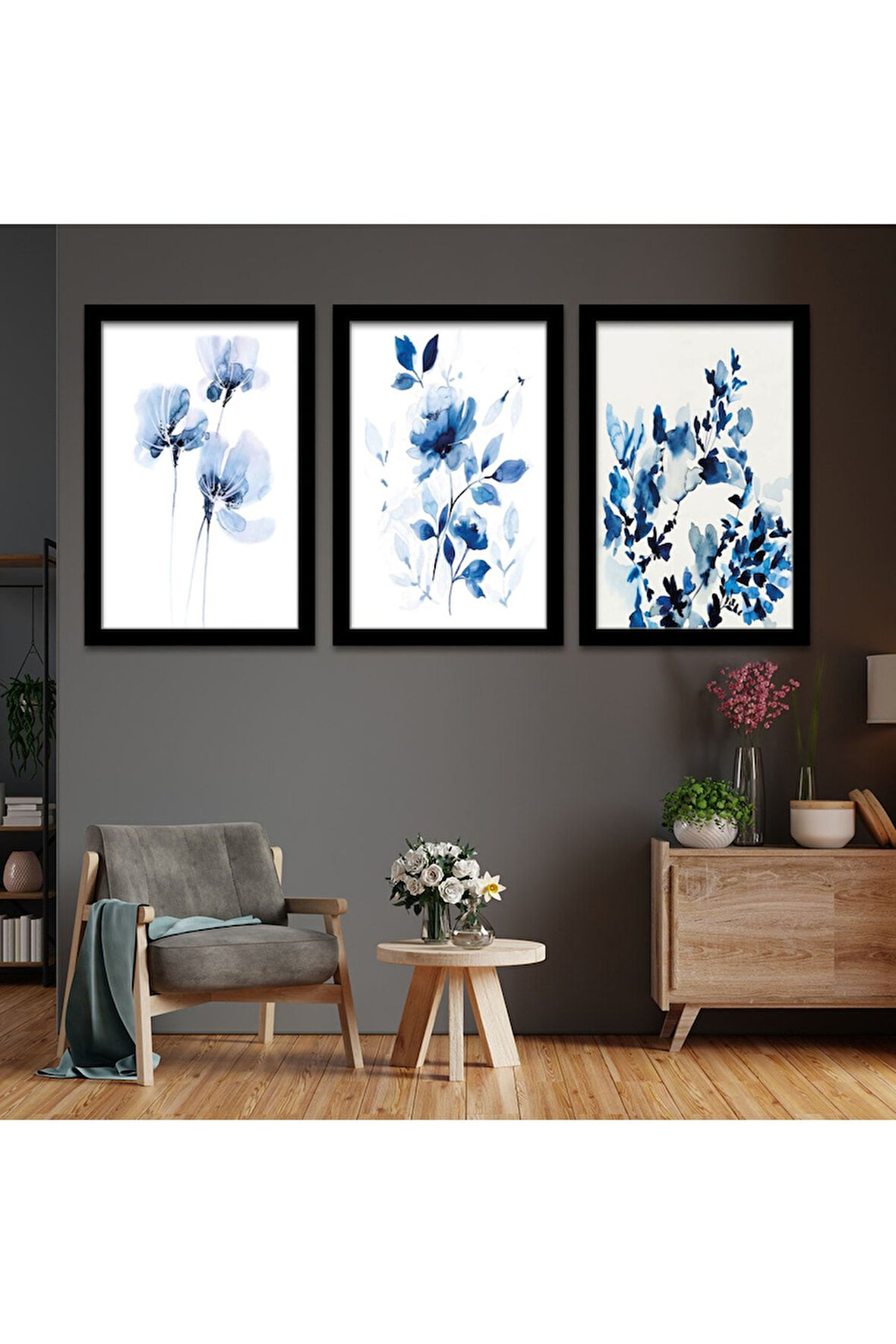 Beyaz Ahşap Çerçeveli Mavi Çiçek Tablo