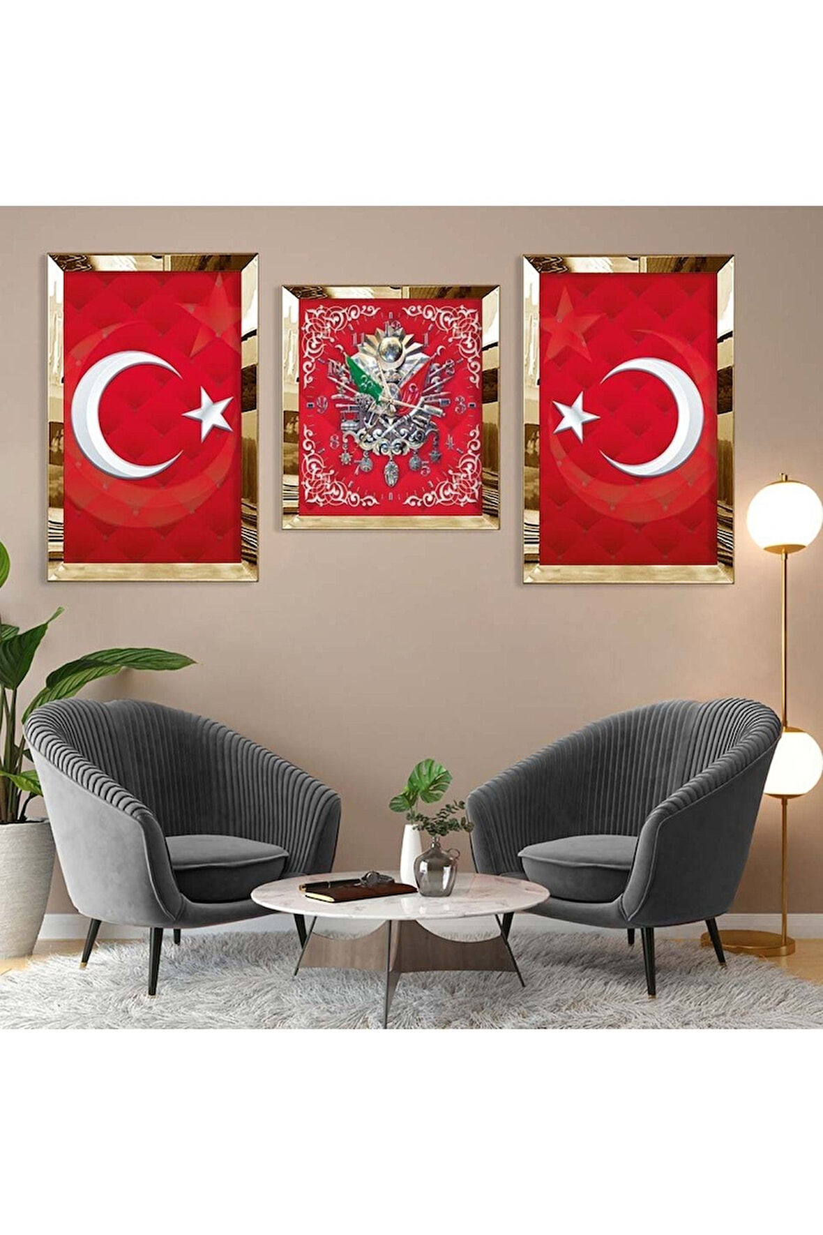 Gold Aynalı Pleksi Çerçeveli Osmanlı Tuğrası Üçlü Mdf Tablo Seti Ve Saat Seti