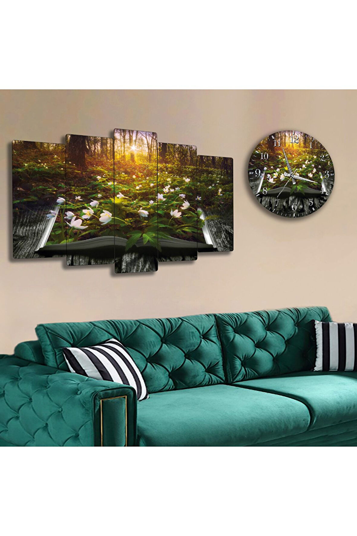 Altılı Mdf Gün Batımı Arka Planlı Doğa Manzaralı Saatli Tablo Seti