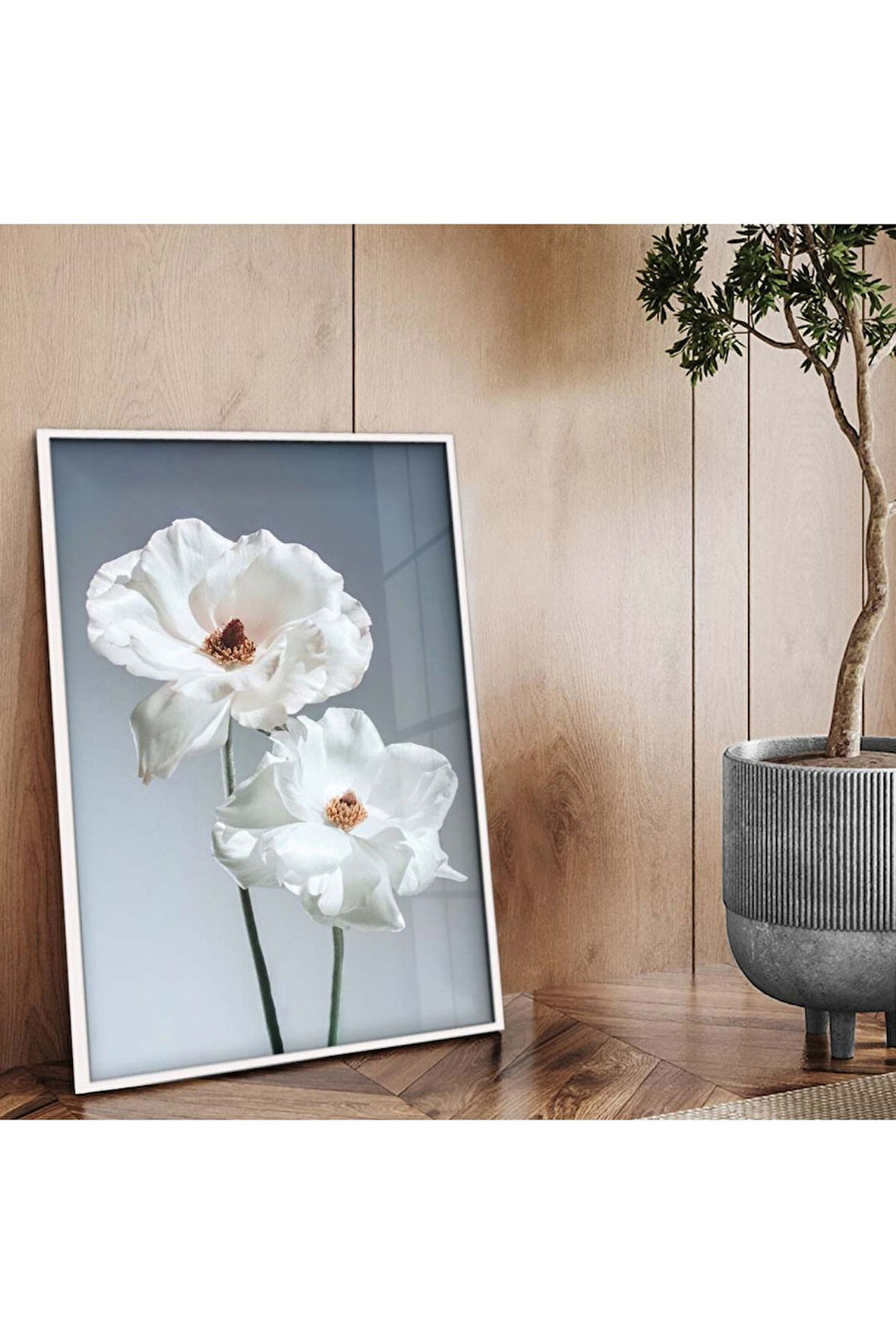 BEYAZ ÇİÇEK DESENLİ METAL ÇERÇEVELİ TABLO