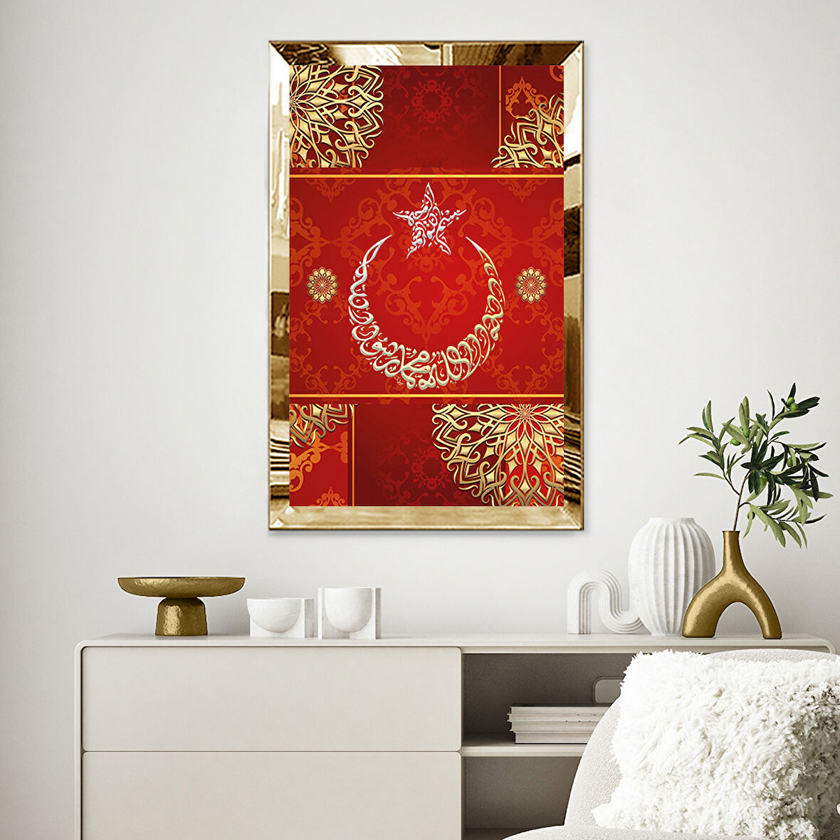 GOLD  AYNALI PLEKSİ ÇERÇEVELİ KRIMIZI ARKA PLANLI AY YILDIZ TABLO