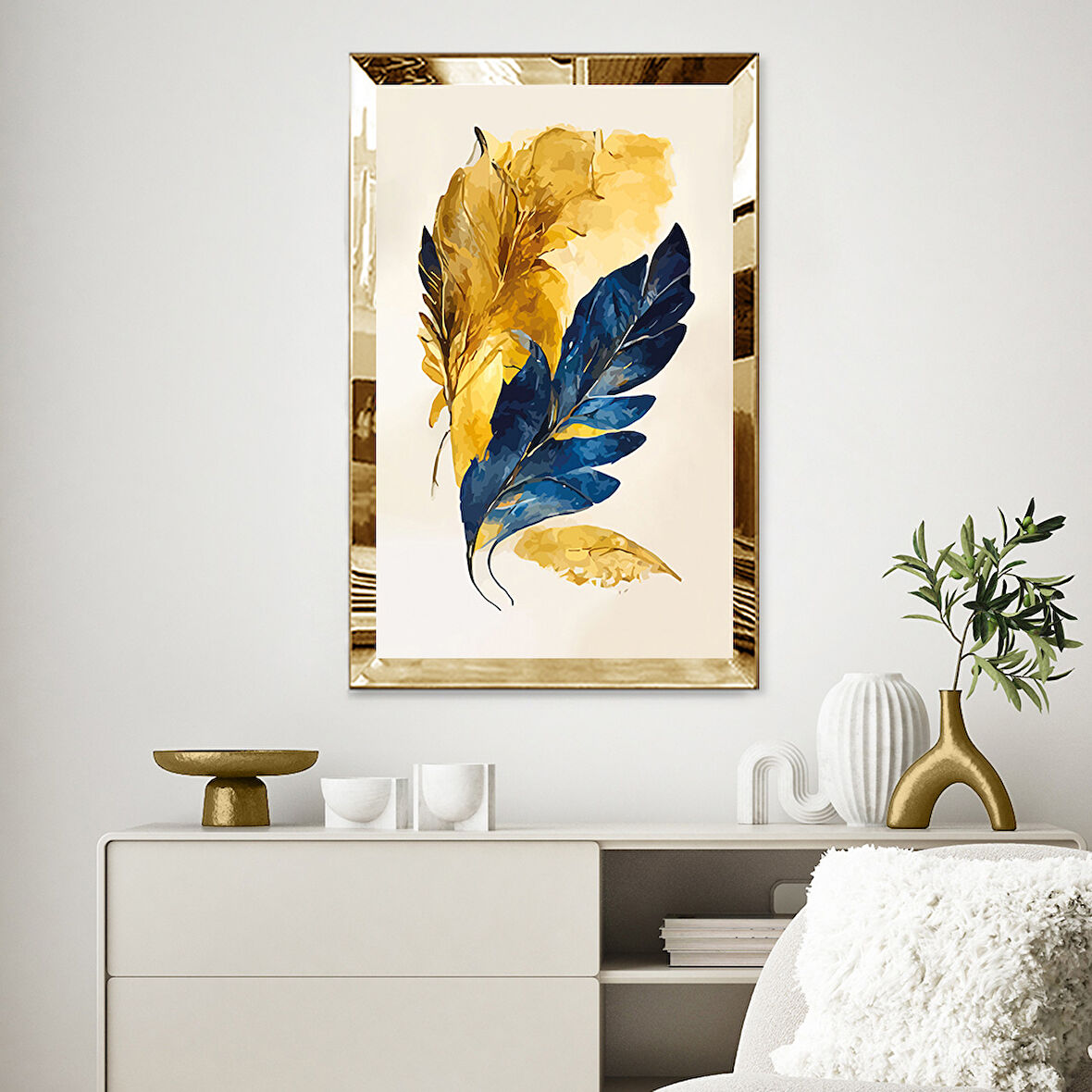 GOLD  AYNALI PLEKSİ ÇERÇEVELİ TÜY GÖRSELLİ TABLO