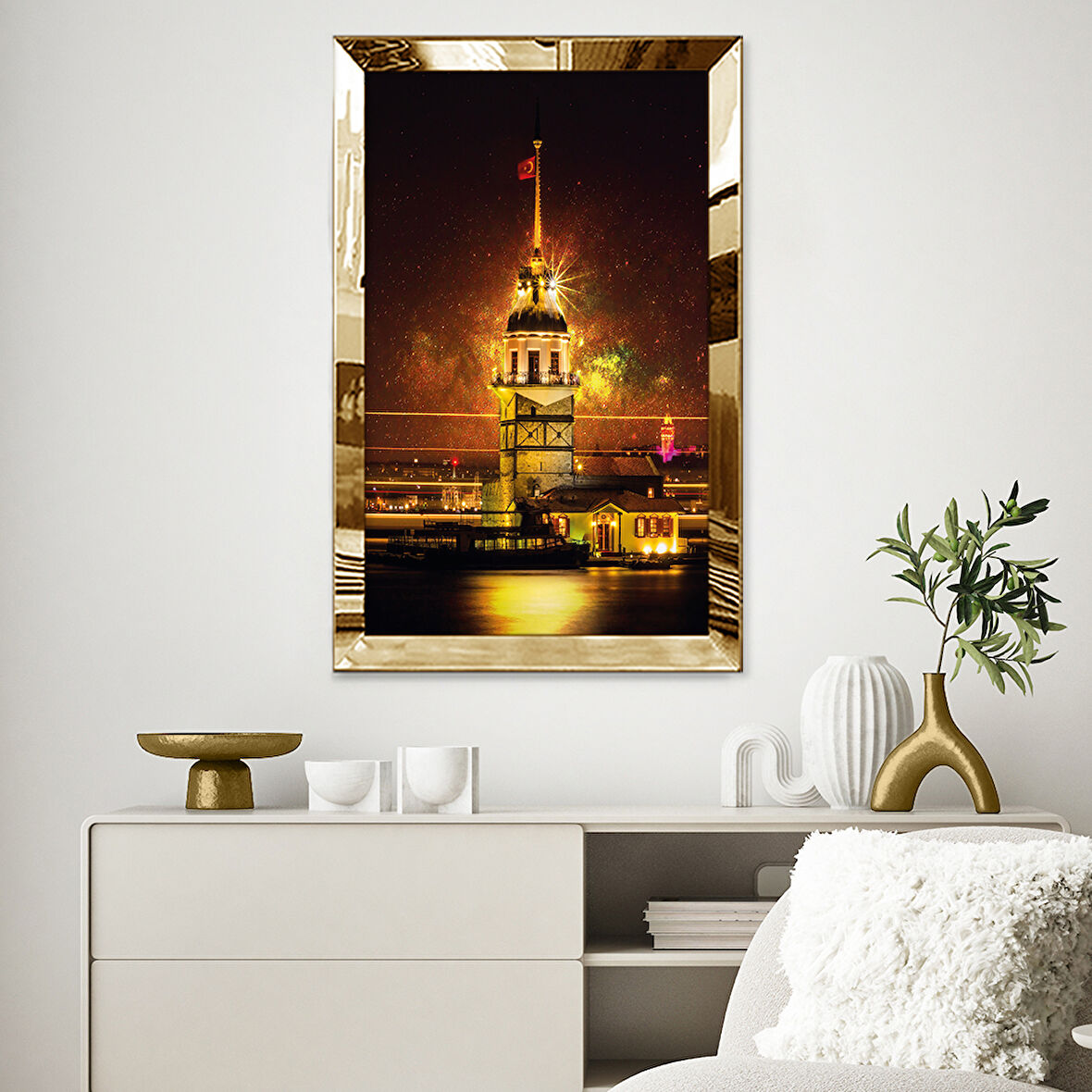 GOLD AYNALI PLEKSİ ÇERÇEVELİ GÖRKEMLİ KIZ KULESİ TABLO