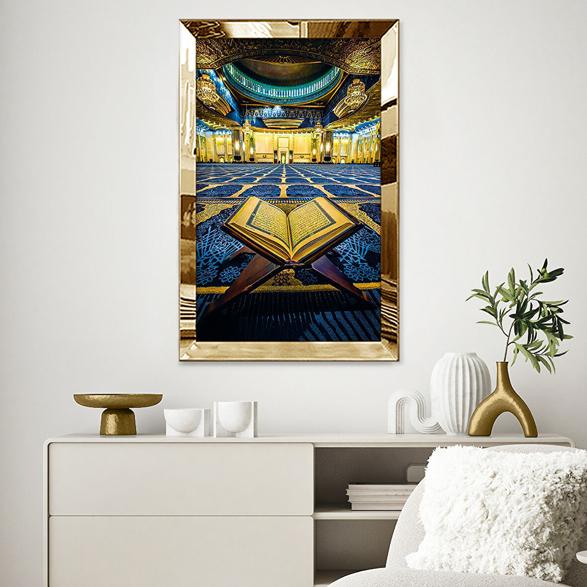 GOLD  AYNALI PLEKSİ ÇERÇEVELİ CAMİ KURAN-I KERİM DİNİ İSLAMİ TABLO