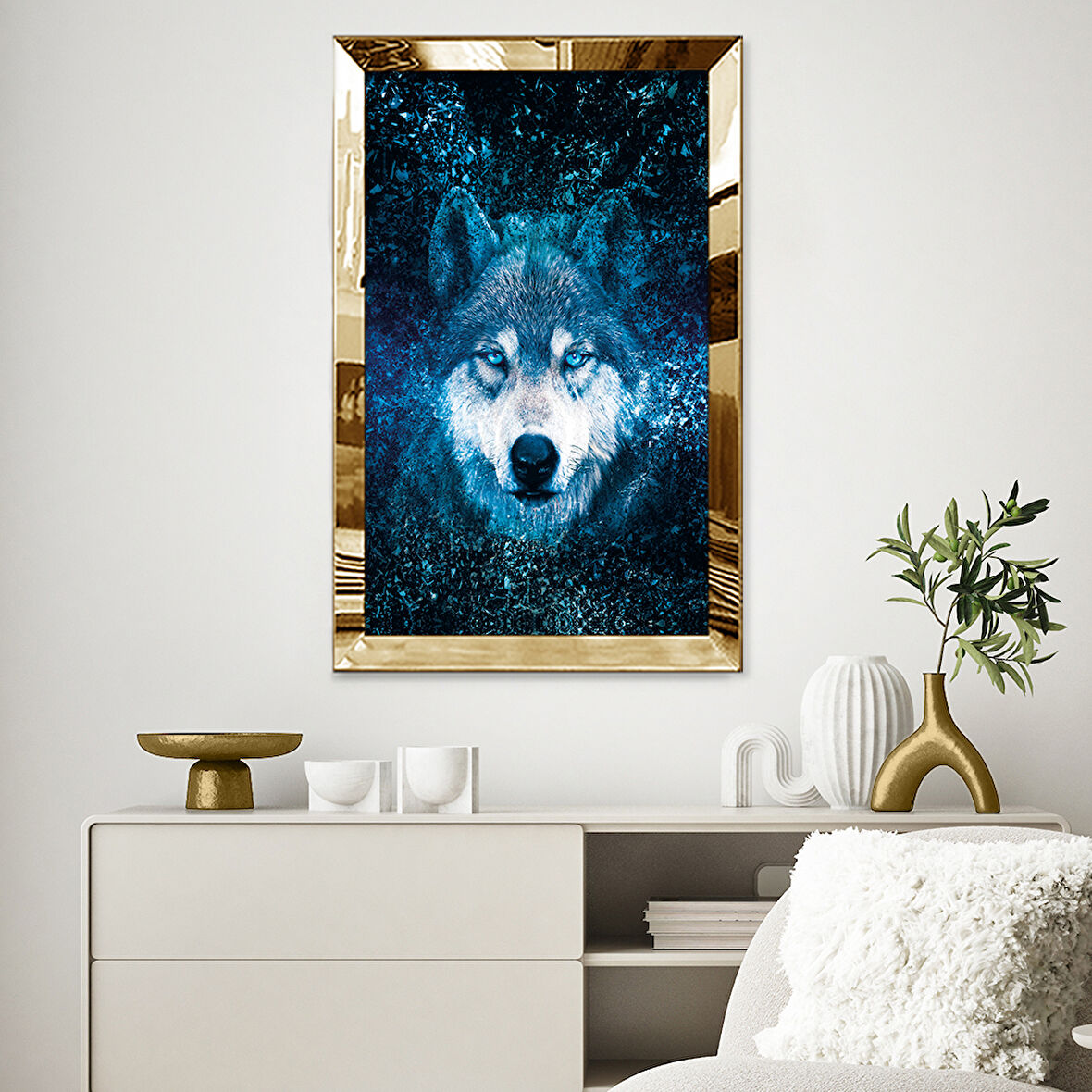 GOLD AYNALI PLEKSİ ÇERÇEVELİ MAVİ GÖZLÜ KURT TABLO