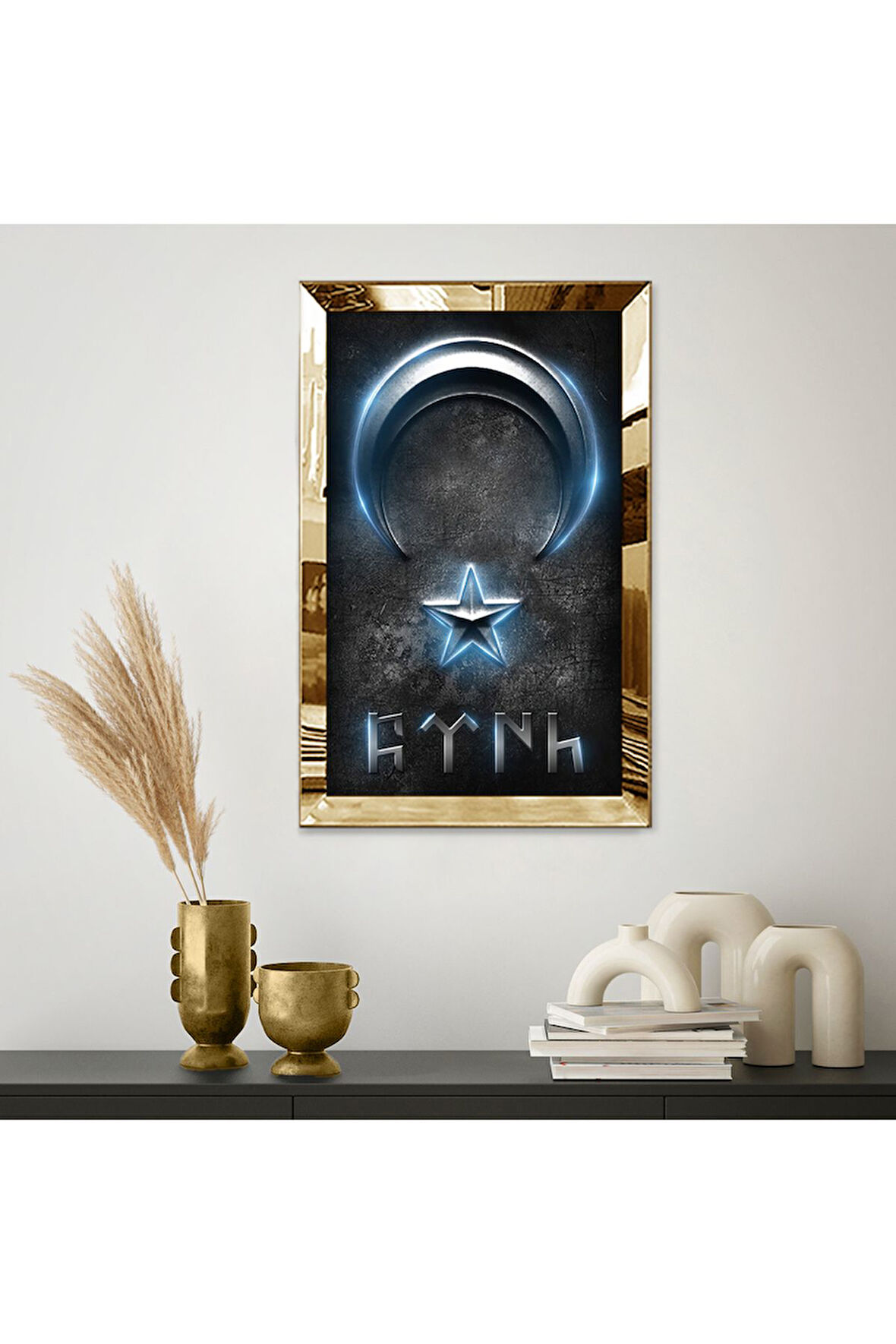 Gold Aynalı Pleksi Çerçeveli Gri Arka Planlı Altın Işıltılı Göktürk Alfabesi Türk Yazılı Mdf Tablo