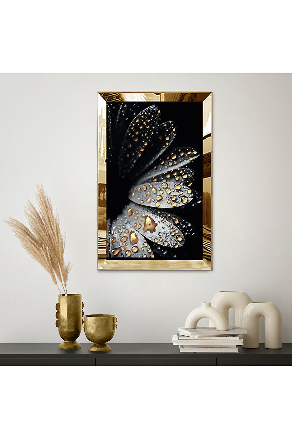 GOLD AYNALI PLEKSİ ÇERÇEVELİ ÇİĞ DAMLASI ÇİÇEK GÖRSELİ TABLO