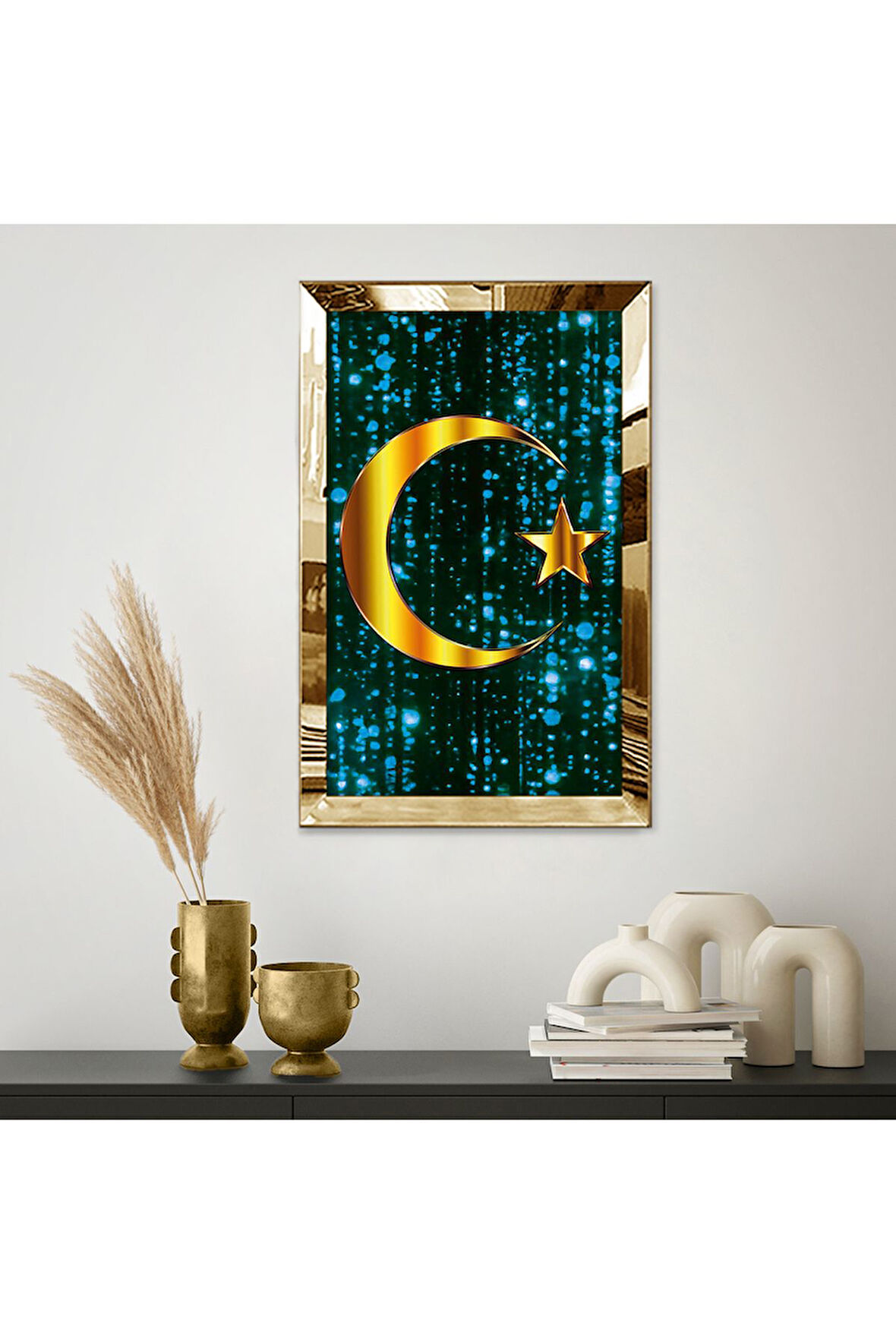 Gold Aynalı Pleksi Çerçeveli Siyah Üzeri Mavi Parıltılı Arka Planlı Altın Ay Yıldız Mdf Tablo