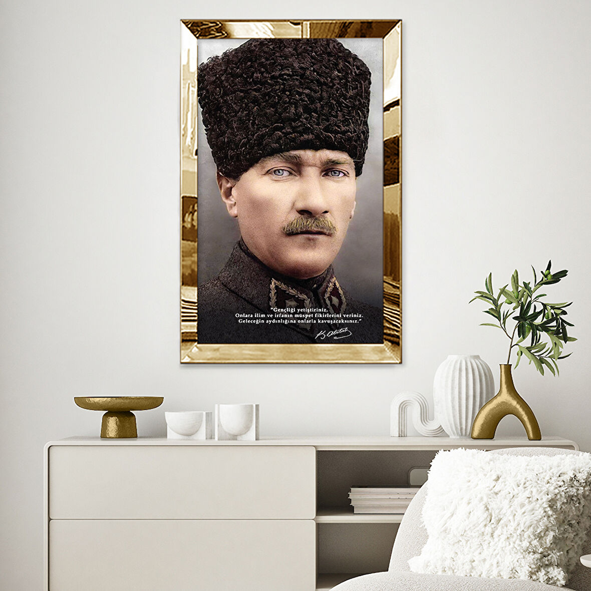 GOLD AYNALI PLEKSİ ÇERÇEVELİ GENÇLİĞİ YETİŞTİRİNİZ SÖZLÜ MUSTAFA KEMAL ATATÜRK KALİTELİ BASKI TABLO