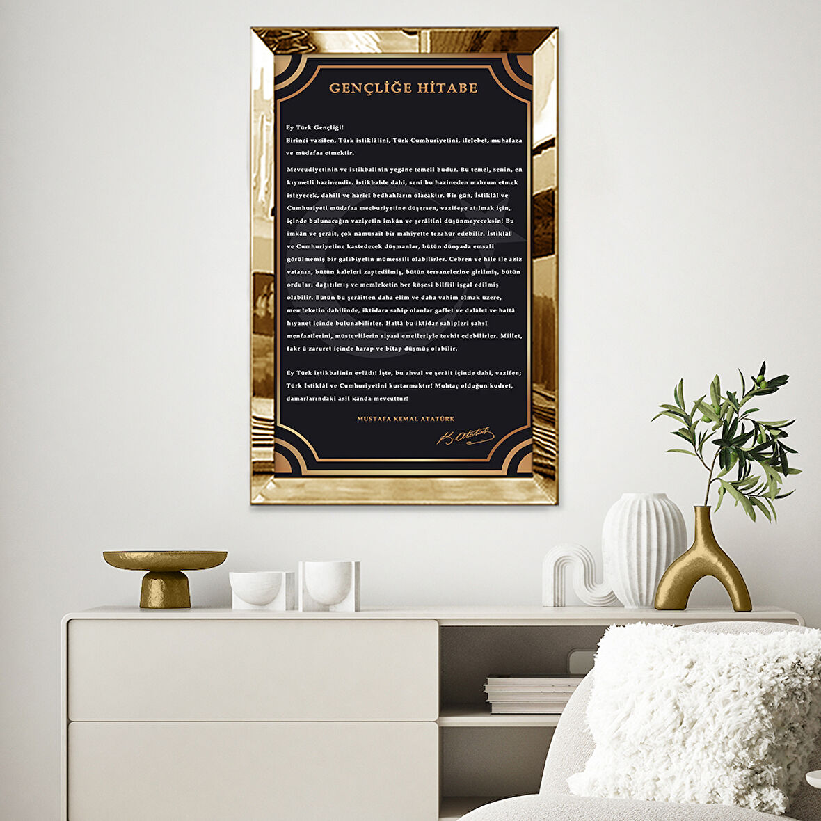GOLD AYNALI PLEKSİ ÇERÇEVELİ MUSTAFA KEMAL ATATÜRK GENÇLİĞE HİTABESİ KALİTELİ BASKI TABLO
