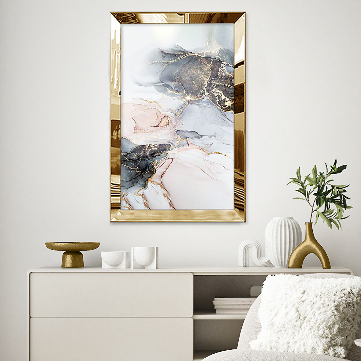 GOLD AYNALI PLEKSİ ÇERÇEVELİ BEYAZ SİYAH GOLD MERMER DESENLİ SOYUT ÇİZİM TABLO