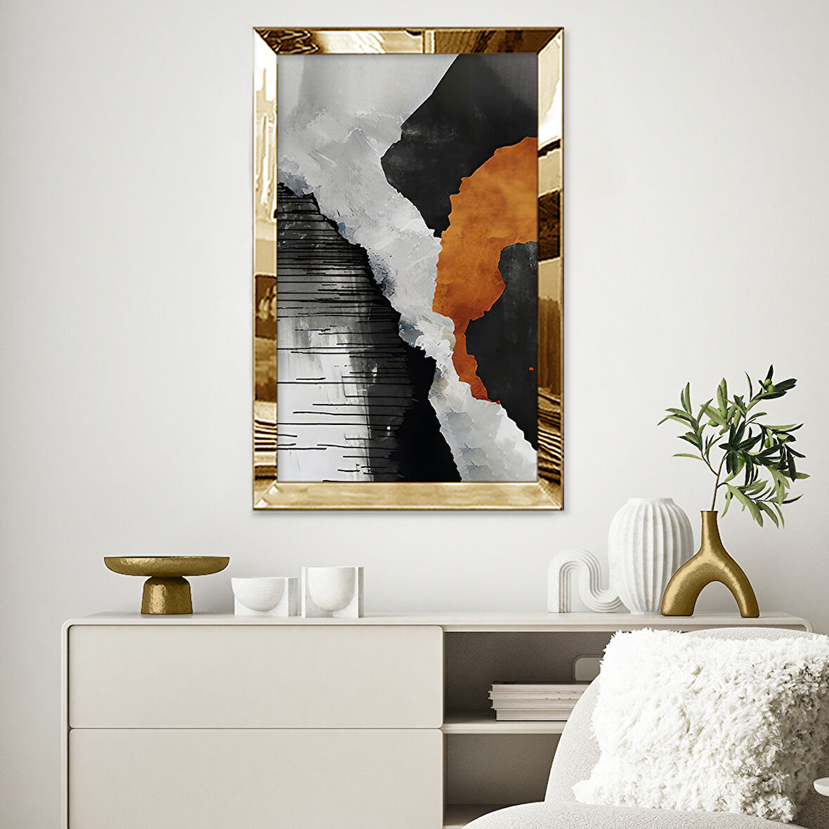 GOLD AYNALI PLEKSİ ÇERÇEVELİ TURUNCU VE SİYAH DESENLİ ÇİZİM SOYUT TABLO