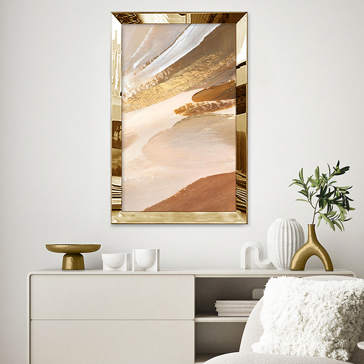 GOLD AYNALI PLEKSİ ÇERÇEVELİ NÖTR MODEL GRİ BEJ KAHVERENGİ SOYUT DESENLİ ÇİZİM TABLO