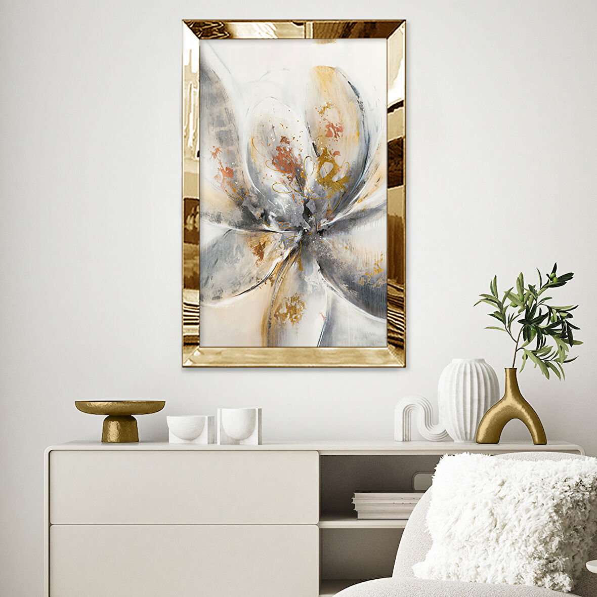 GOLD AYNALI PLEKSİ ÇERÇEVELİ MİNİMALİST BEYAZ KAHVERENGİ GRİ ÇİÇEK DESENLİ SOYUT ÇİZİM TABLO