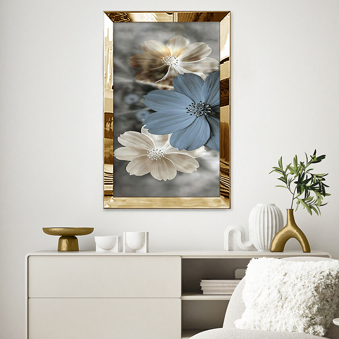 GOLD AYNALI PLEKSİ ÇERÇEVELİ MODERN GRİ SARI ÇİÇEK DESENLİ SOYUT ÇİZİM TABLO
