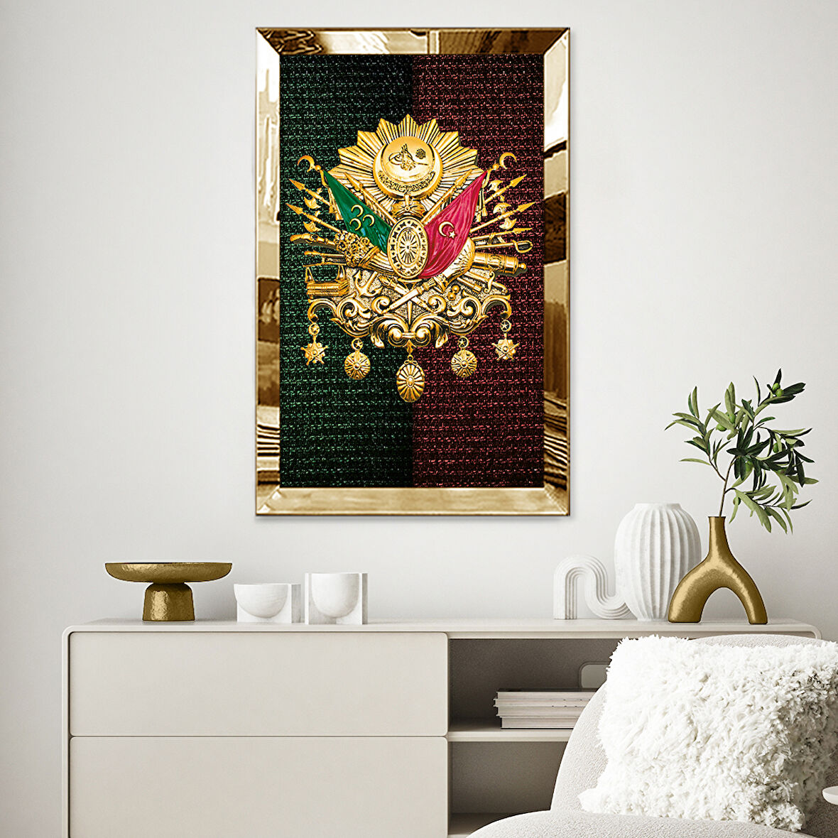 GOLD AYNALI PLEKSİ ÇERÇEVELİ OSMANLI TUĞRASI SOYUT ÇİZİM TABLO