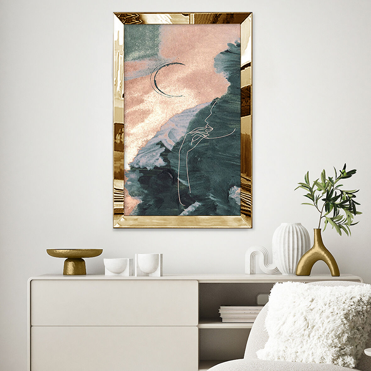 GOLD AYNALI PLEKSİ ÇERÇEVELİ MODERN ÇİÇEKLİ MAVİ SURETLİ SOYUT ÇİZİM TABLO