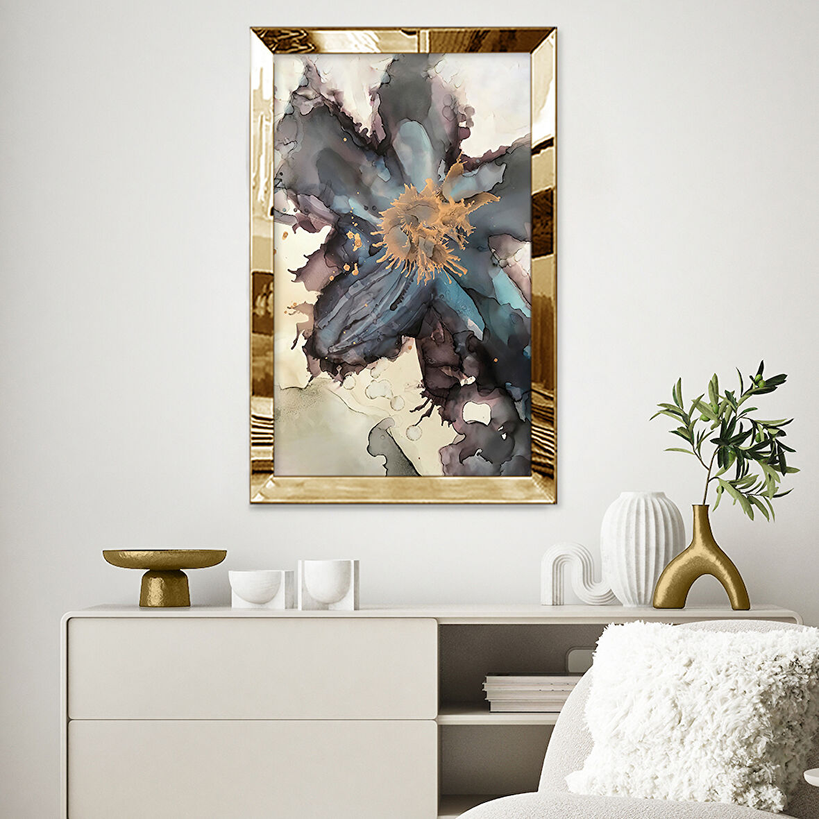 GOLD AYNALI PLEKSİ ÇERÇEVELİ SULUBOYA TARZINDA SOYUT ÇİÇEK TABLOSU