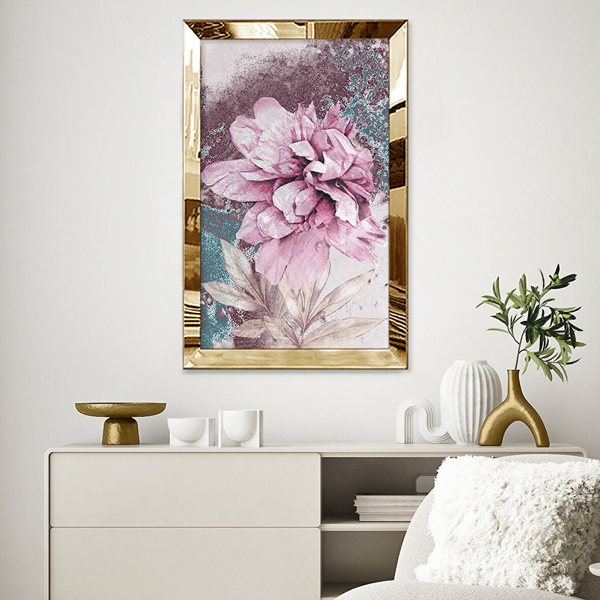 GOLD AYNALI PLEKSİ ÇERÇEVELİ ESKİTME TARZINDA PEMBE ÇİÇEK TABLOSU