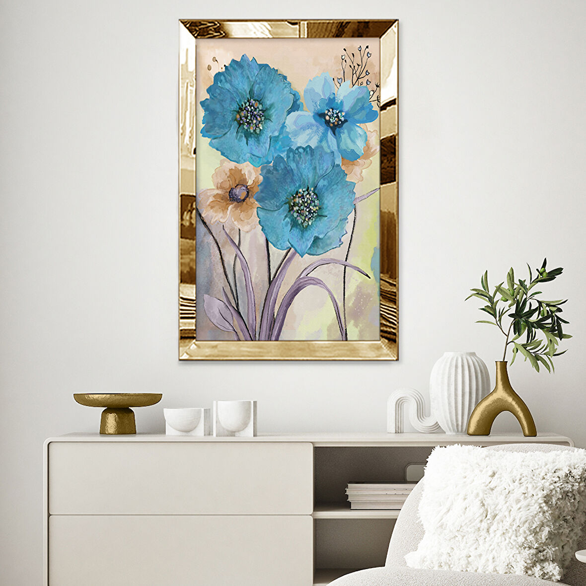 GOLD AYNALI PLEKSİ ÇERÇEVELİ MAVİ RENKLİ BÜYÜK ÇİÇEKLER TABLOSU