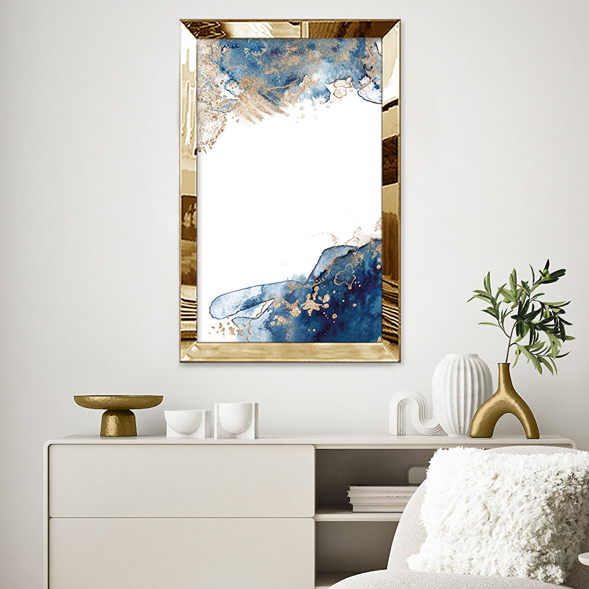 GOLD AYNALI PLEKSİ ÇERÇEVELİ MAVİ VE ALTIN RENKLİ SOYUT TASARIM TABLOSU