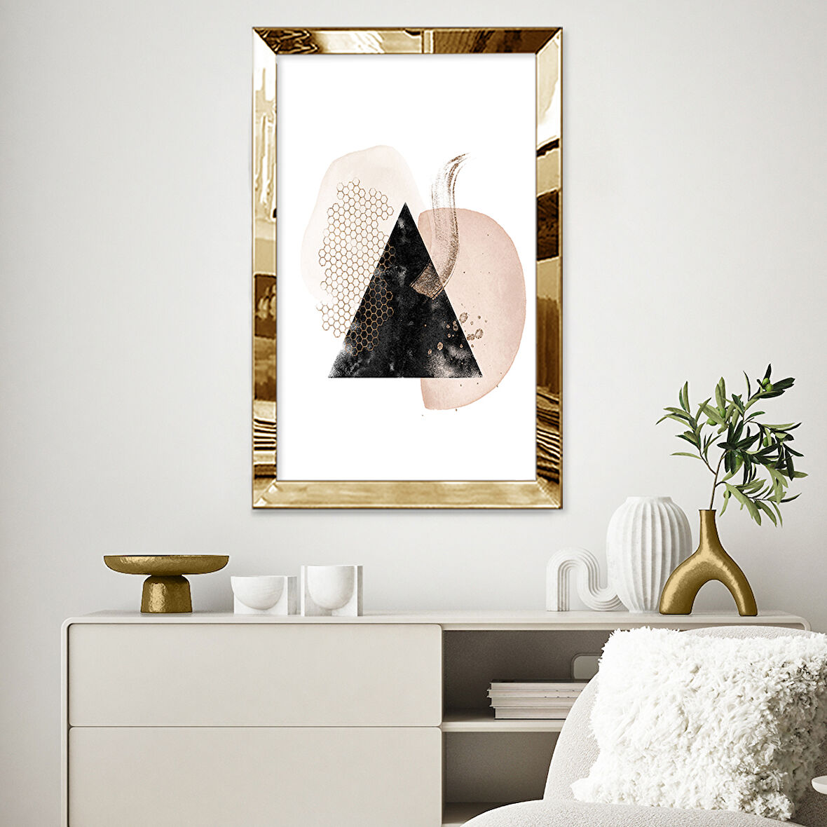 GOLD AYNALI PLEKSİ ÇERÇEVELİ BEYAZ ARKA PLANLI MİNİMAL SANAT TABLOSU