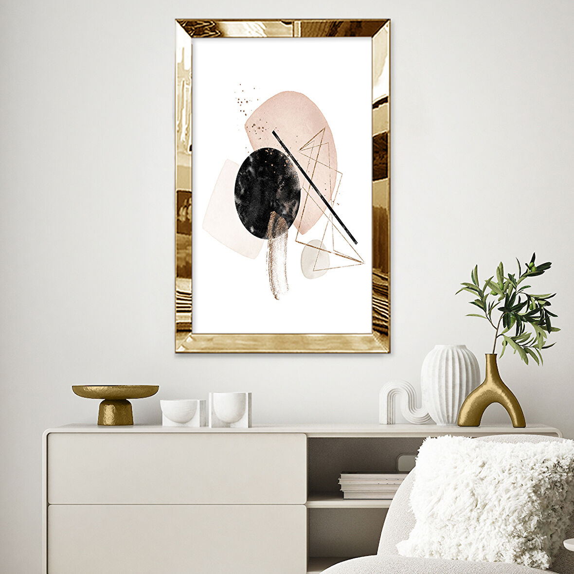 GOLD AYNALI PLEKSİ ÇERÇEVELİ PEMBE VE SİYAH GEOMETRİK SANAT TABLOSU