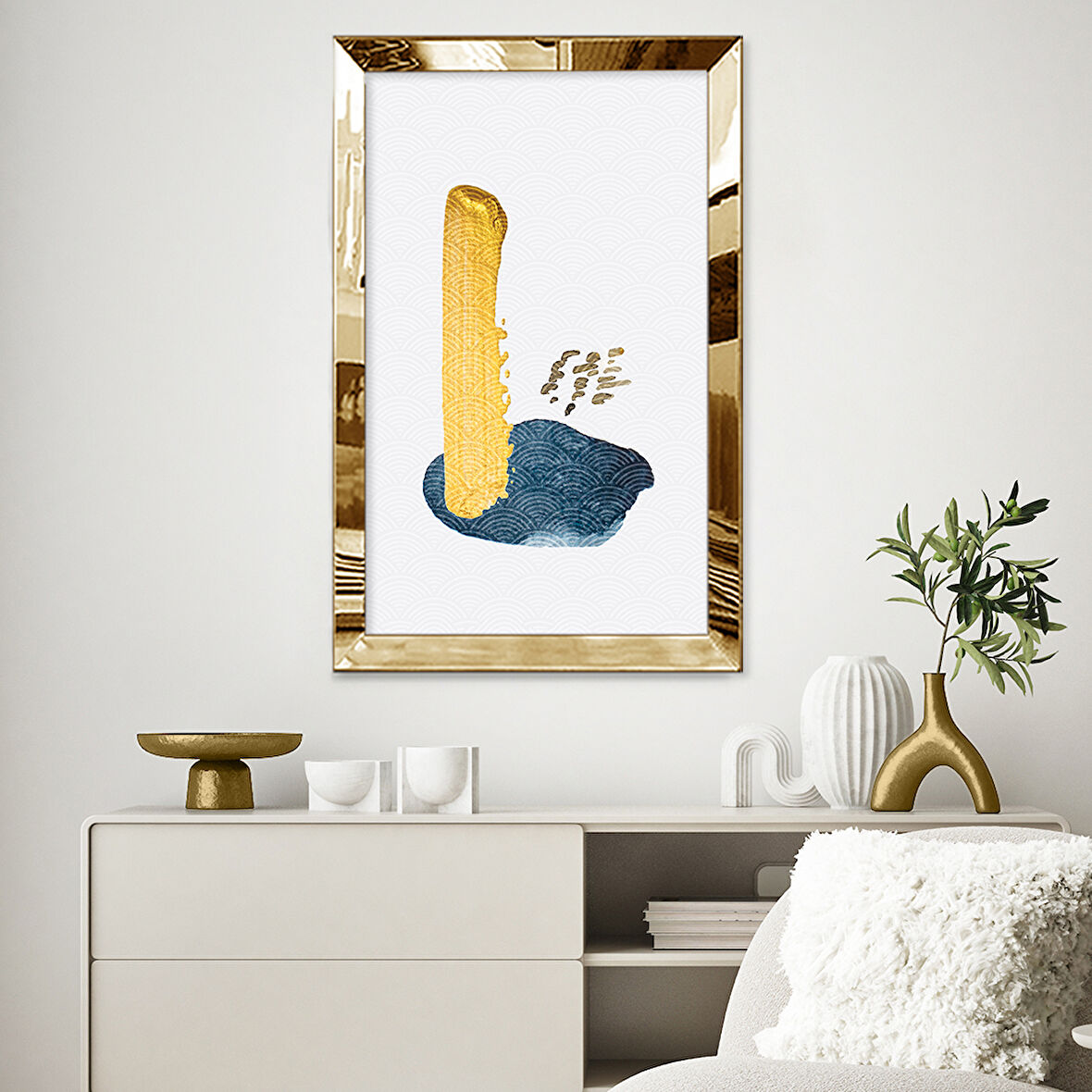 GOLD AYNALI PLEKSİ ÇERÇEVELİ MAVİ VE ALTIN RENKLİ DESENLİ ŞEKİLLER TABLOSU