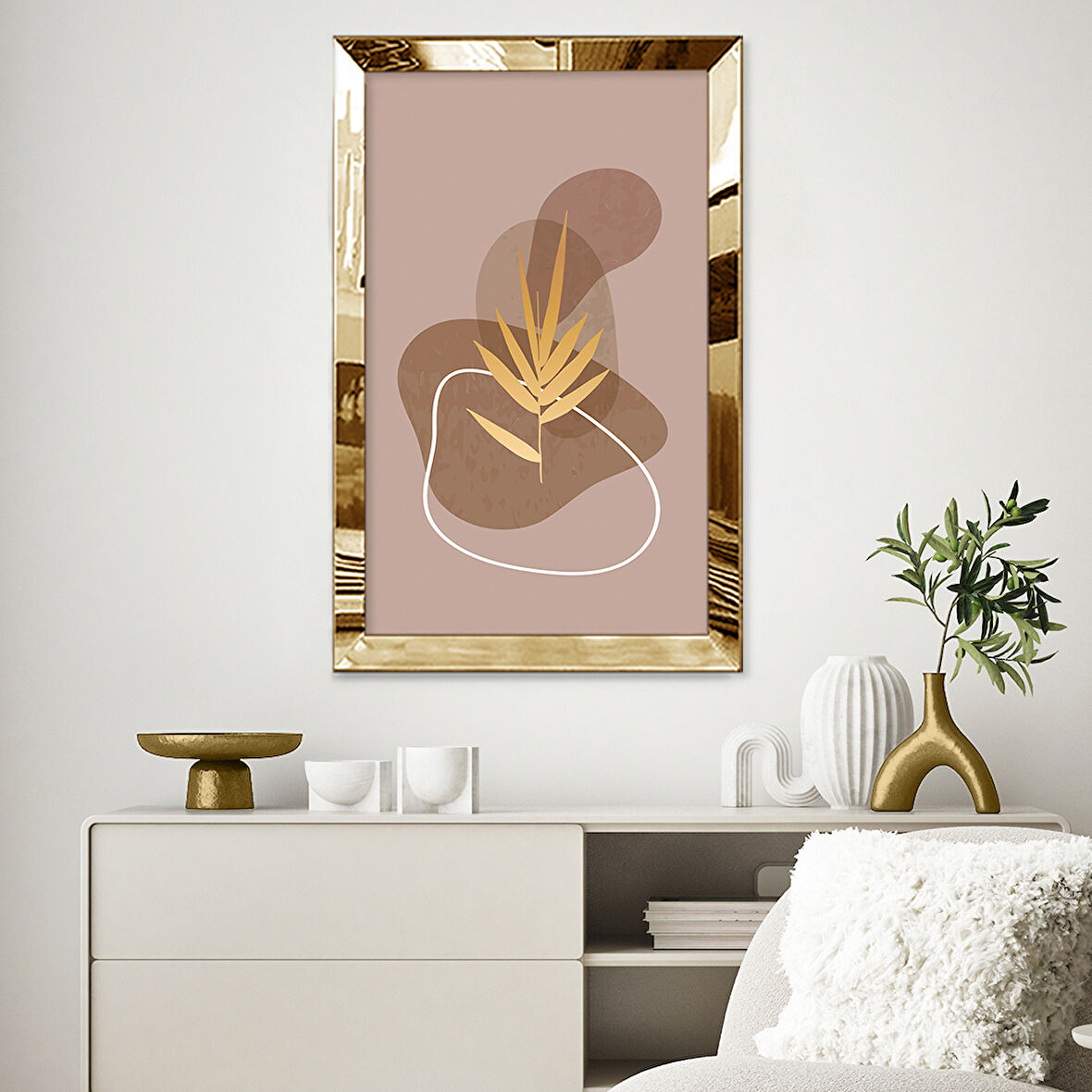 GOLD AYNALI PLEKSİ ÇERÇEVELİ DEKORATİF MİNİMAL PASTEL TONLU SOYUT TASARIM TABLOSU
