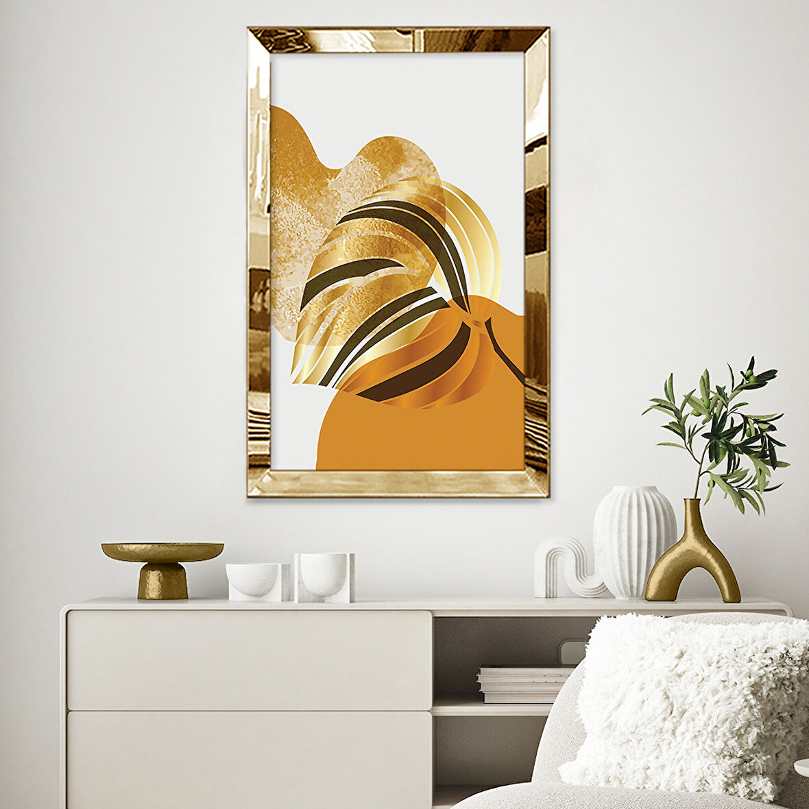 GOLD AYNALI PLEKSİ ÇERÇEVELİ SOYUT ŞEKİLLİ BÜYÜK ALTIN YAPRAK TABLOSU