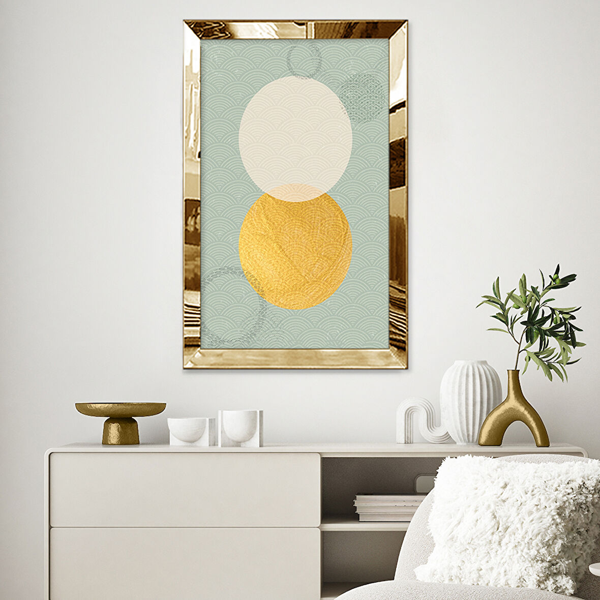 GOLD AYNALI PLEKSİ ÇERÇEVELİ DESENLİ GÜNEŞ VE AY SOYUT TASARIM TABLOSU