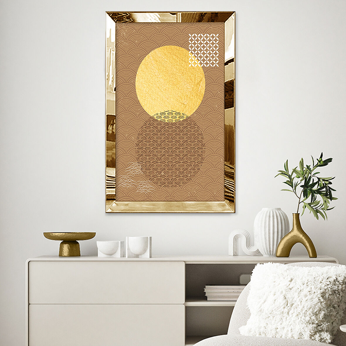 GOLD AYNALI PLEKSİ ÇERÇEVELİ SOYUT TARZDA GÜNEŞ'İN GÖLGESİ TABLOSU