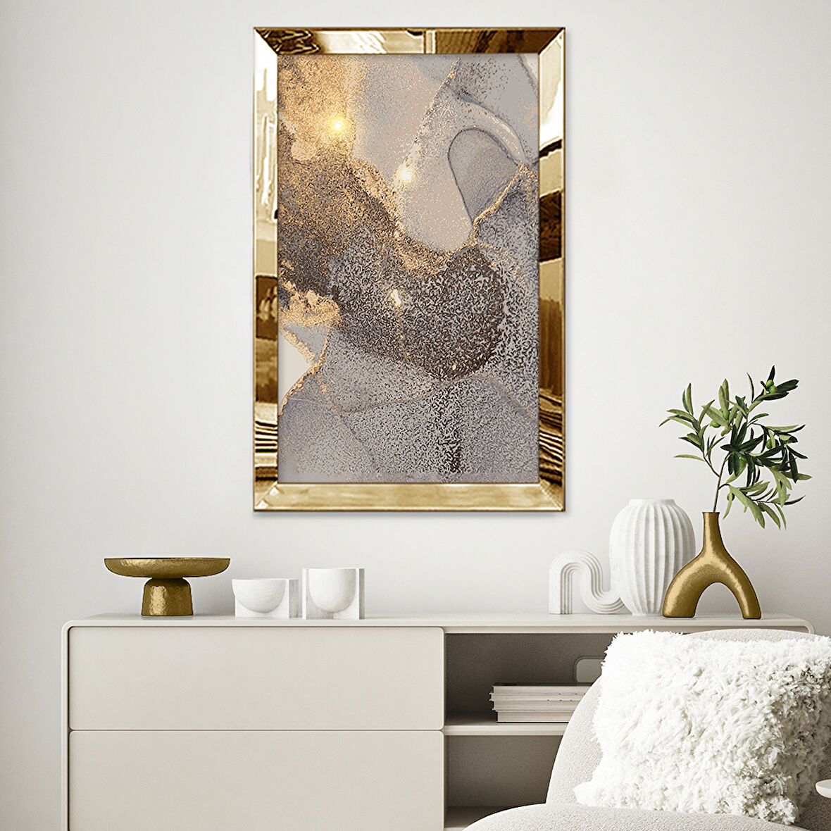GOLD AYNALI PLEKSİ ÇERÇEVELİ MERMER DESENLİ GRİ SOYUT TASARIM TABLOSU
