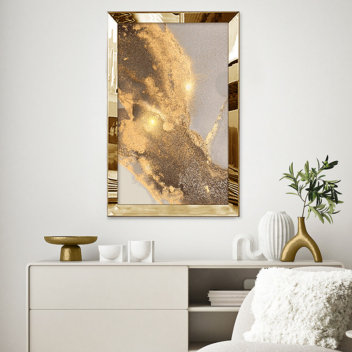 GOLD AYNALI PLEKSİ ÇERÇEVELİ ALTIN RENKLİ DİNAMİK SOYUT TASARIM TABLOSU