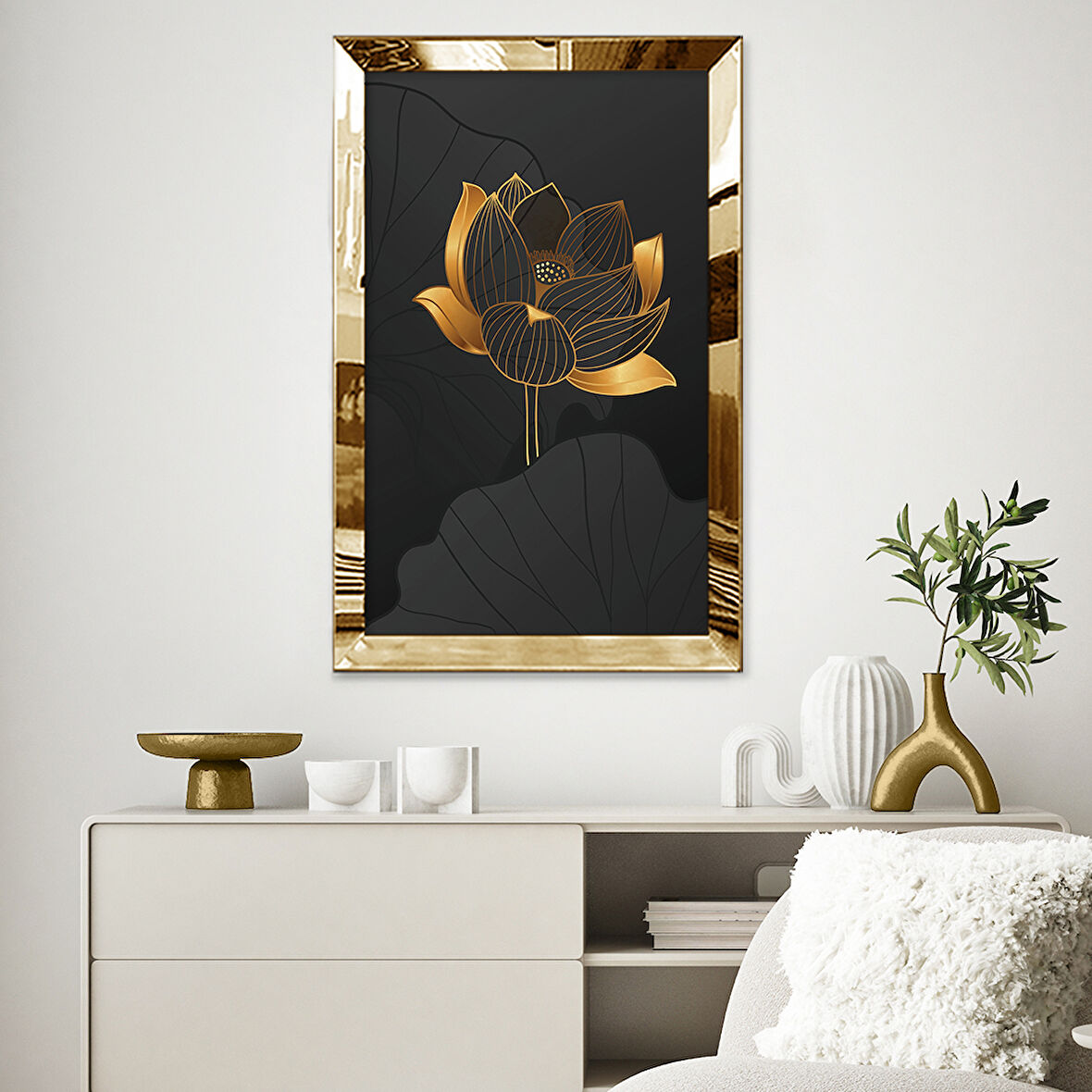 GOLD AYNALI PLEKSİ ÇERÇEVELİ ÇİZGİSEL ALTIN VE SİYAH RENKLİ ÇİÇEK TABLOSU