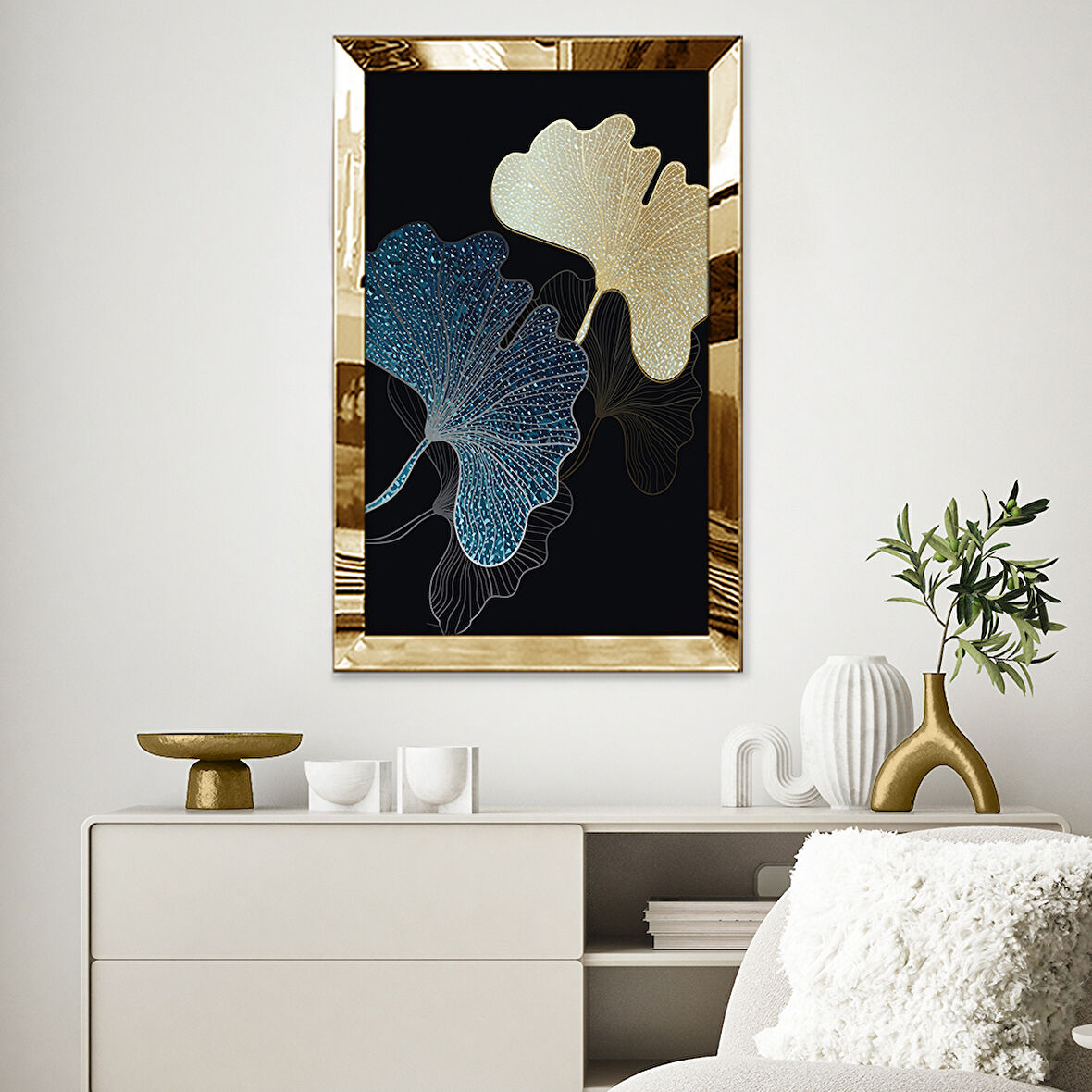 GOLD AYNALI PLEKSİ ÇERÇEVELİ ALTIN VE MAVİ RENKLİ TROPİKAL YAPRAKLAR TABLOSU