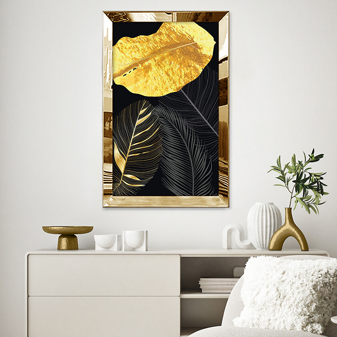 GOLD AYNALI PLEKSİ ÇERÇEVELİ ALTIN VE GRİ YAPRAKLAR TABLOSU