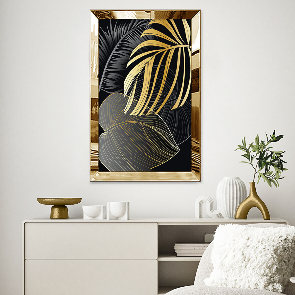 GOLD AYNALI PLEKSİ ÇERÇEVELİ SİYAH VE ALTIN PALMİYE YAPRAKLARI TABLOSU