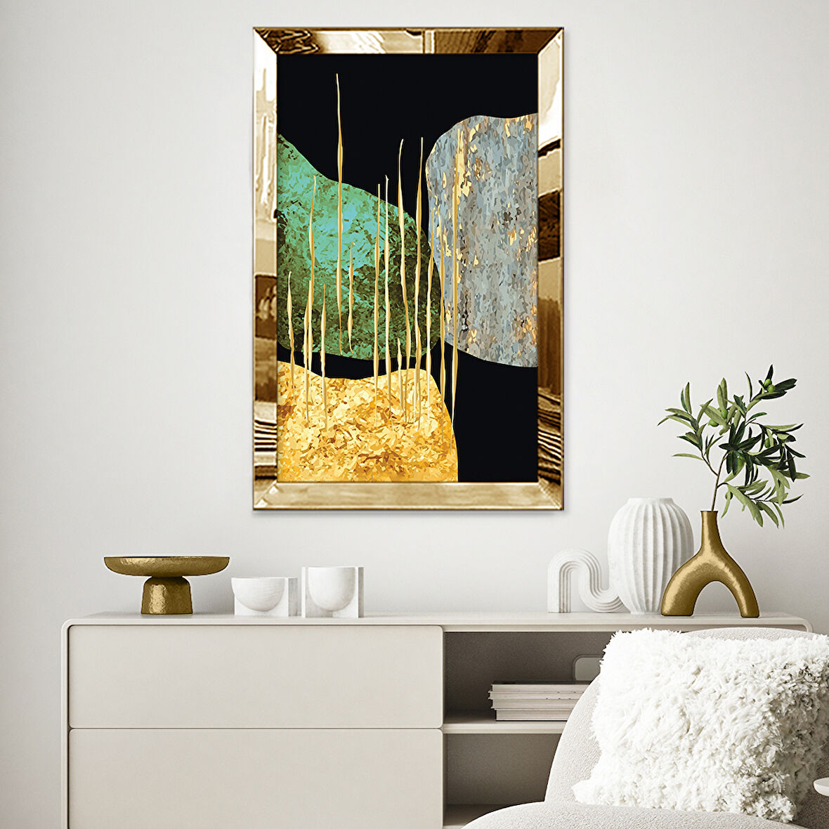 GOLD AYNALI PLEKSİ ÇERÇEVELİ ALTIN DESENLİ SOYUT ŞEKİLLER TABLOSU