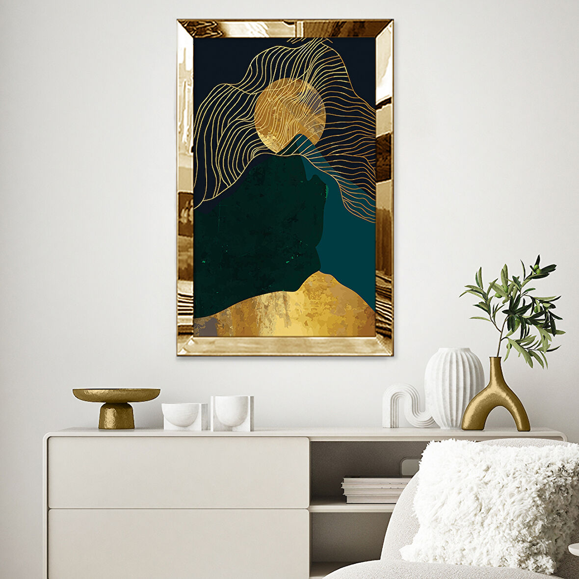 GOLD AYNALI PLEKSİ ÇERÇEVELİ SOYUT ALTIN RENKLİ DOLUNAY TABLOSU