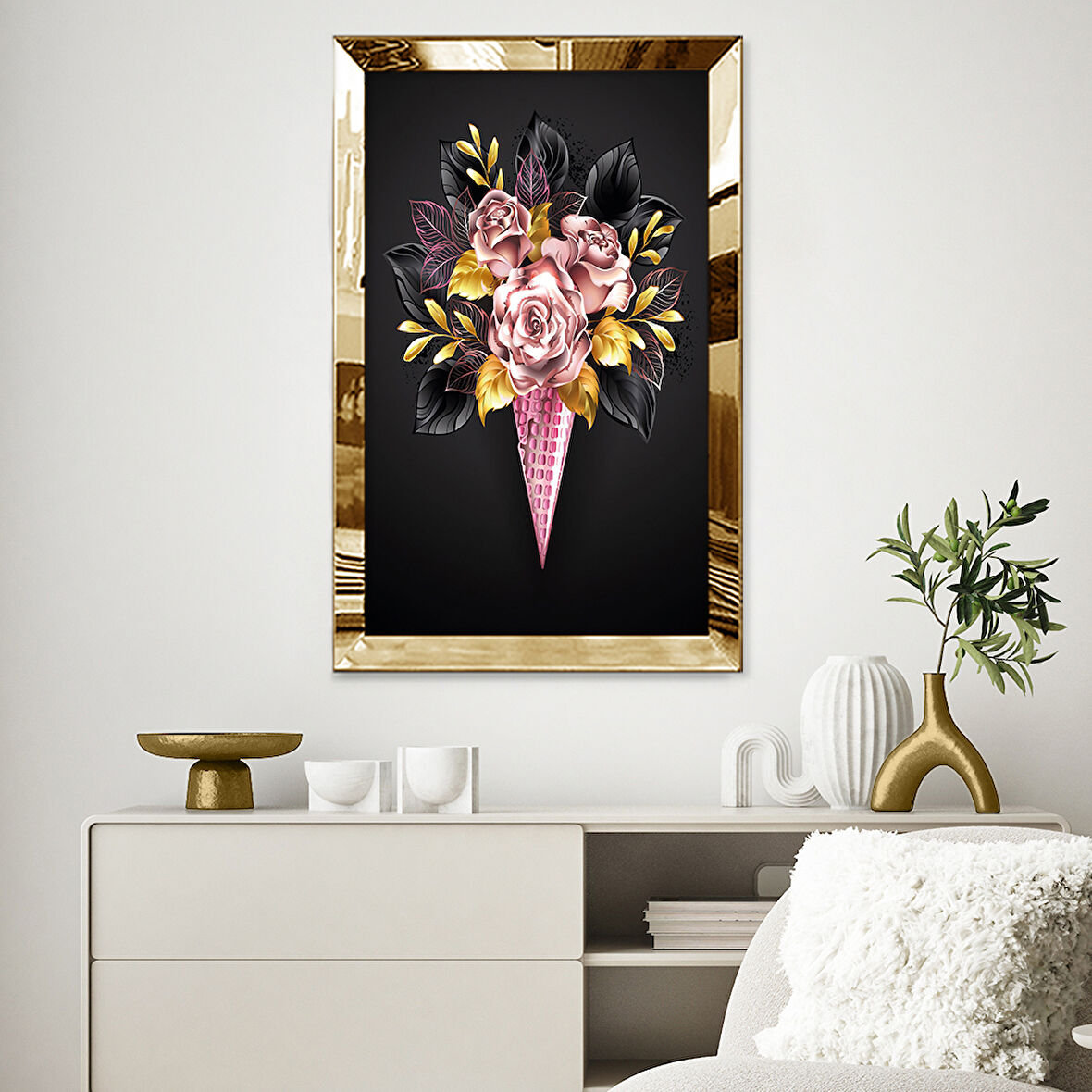 GOLD AYNALI PLEKSİ ÇERÇEVELİ DİJİTAL PEMBE GÜLLER ÇİZİMİ DEMET ÇİÇEK TABLOSU