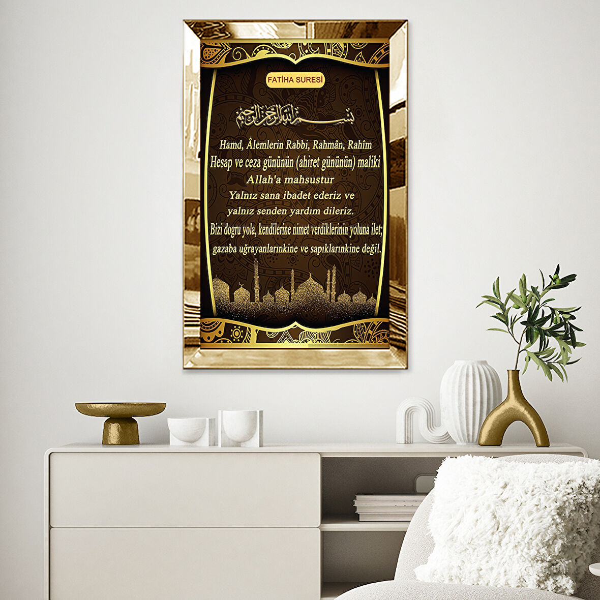 GOLD AYNALI PLEKSİ ÇERÇEVELİ TÜRKÇE MEALLİ FATİHA SURESİ TABLOSU