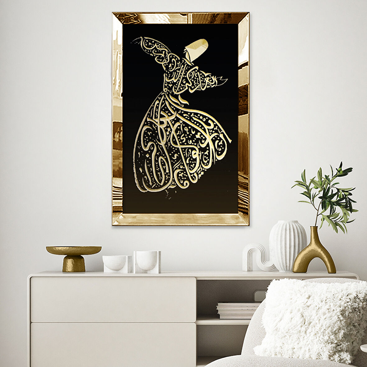 GOLD AYNALI PLEKSİ ÇERÇEVELİ SEMAZEN MOTİFLİ TABLOSU