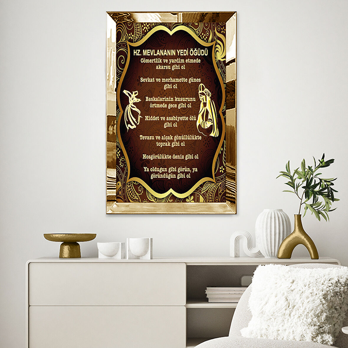 GOLD AYNALI PLEKSİ ÇERÇEVELİ MEVLANANIN 7 ÖĞÜTÜ TABLOSU