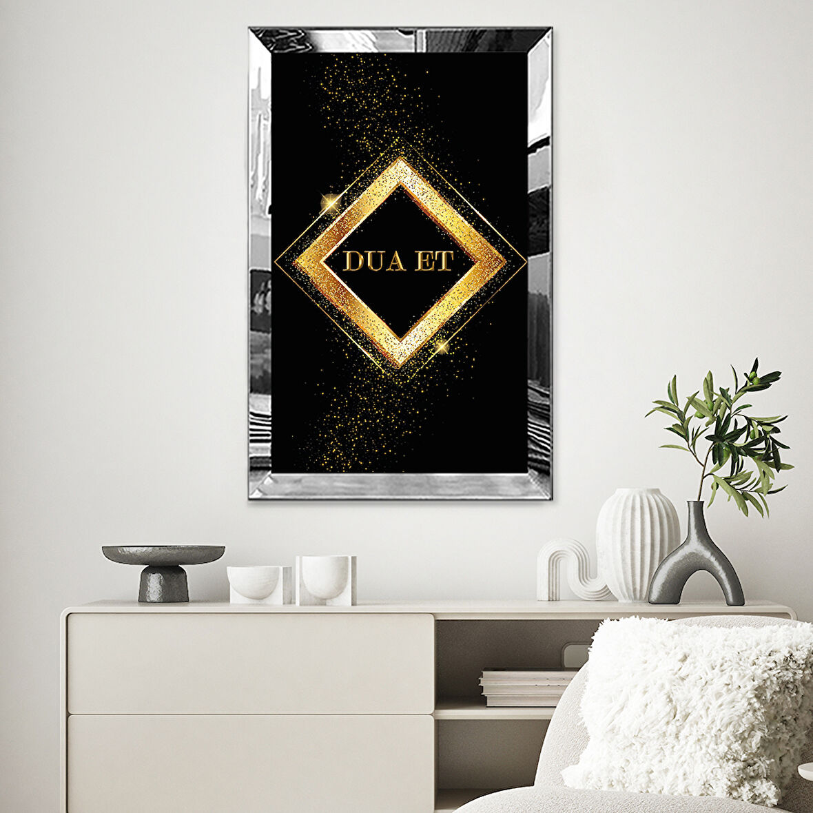 GÜMÜŞ  AYNALI PLEKSİ ÇERÇEVELİ DUA ET YAZI TEMALI DİNİ İSLAMİ TABLO