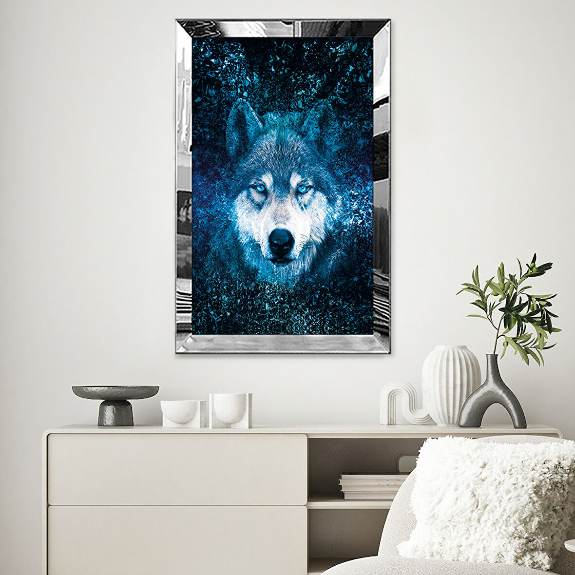 GÜMÜŞ  AYNALI PLEKSİ ÇERÇEVELİ MAVİ GÖZLÜ KURT TABLO