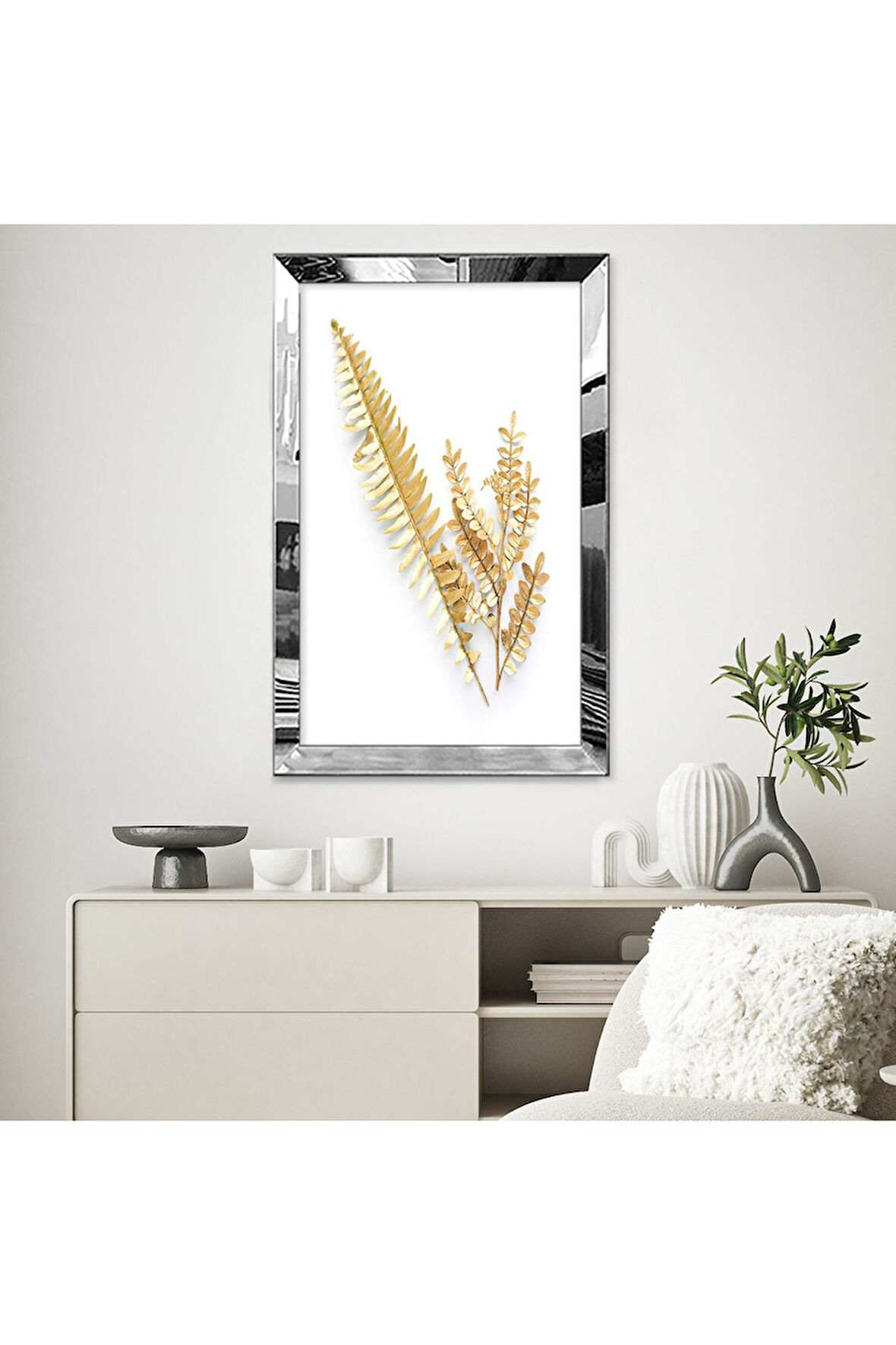 GOLD  AYNALI PLEKSİ ÇERÇEVELİ BEYAZ ARKA PLANLI GOLD YAPRAK GÖRSELİ TABLO