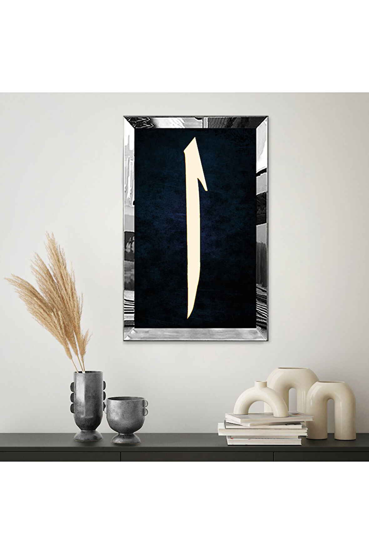 Gümüş Aynalı Pleksi Çerçeveli Lacivert Arka Planlı Elif Harfi Mdf Tablo