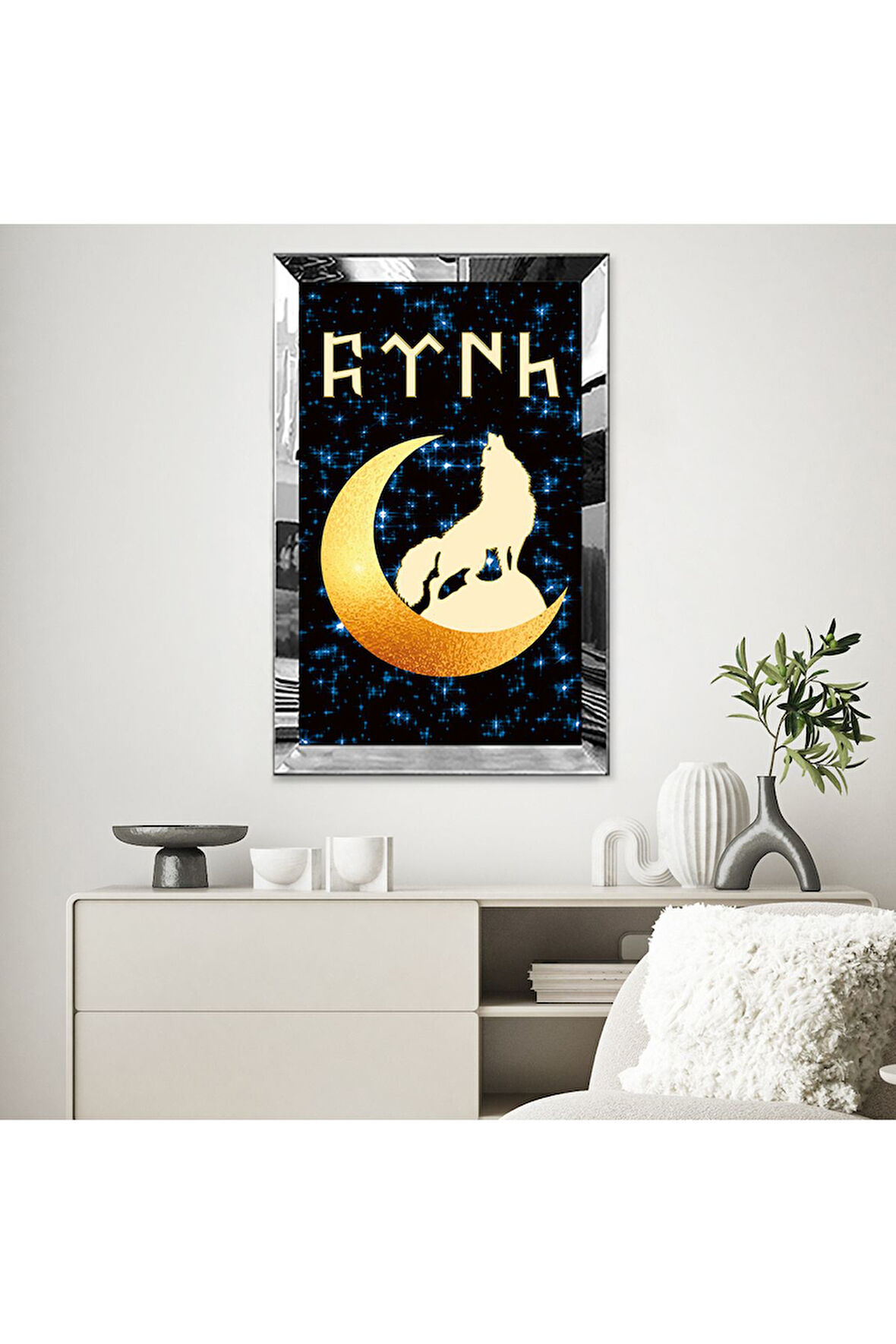 GOLD  AYNALI PLEKSİ ÇERÇEVELİ MAVİ PARILTI GÖRÜNTÜSÜ KURT TABLO