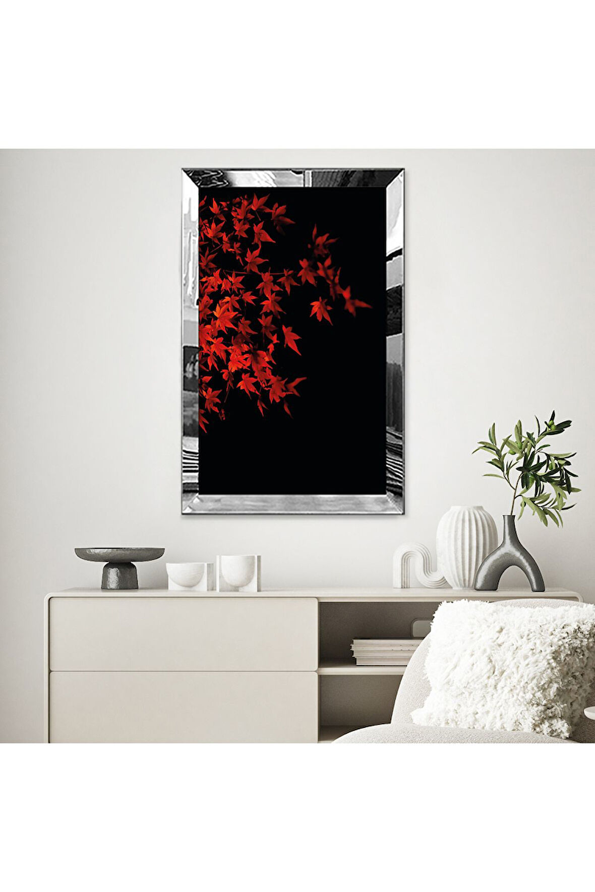 GOLD AYNALI PLEKSİ ÇERÇEVELİ KIRMIZI SONBAHAR  MODERN  SOYUT TABLO